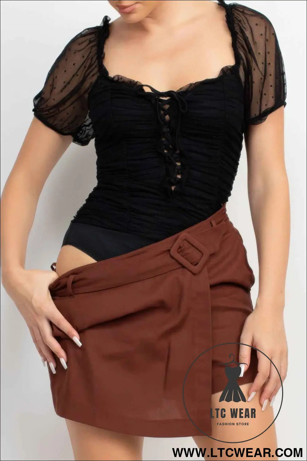 Shirred Mesh Sleeve Bodysuit