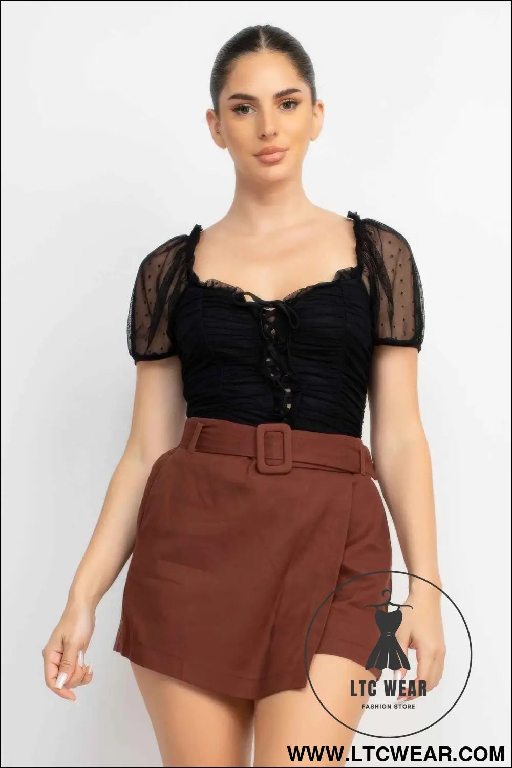 Shirred Mesh Sleeve Bodysuit