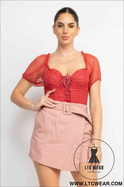 Shirred Mesh Sleeve Bodysuit