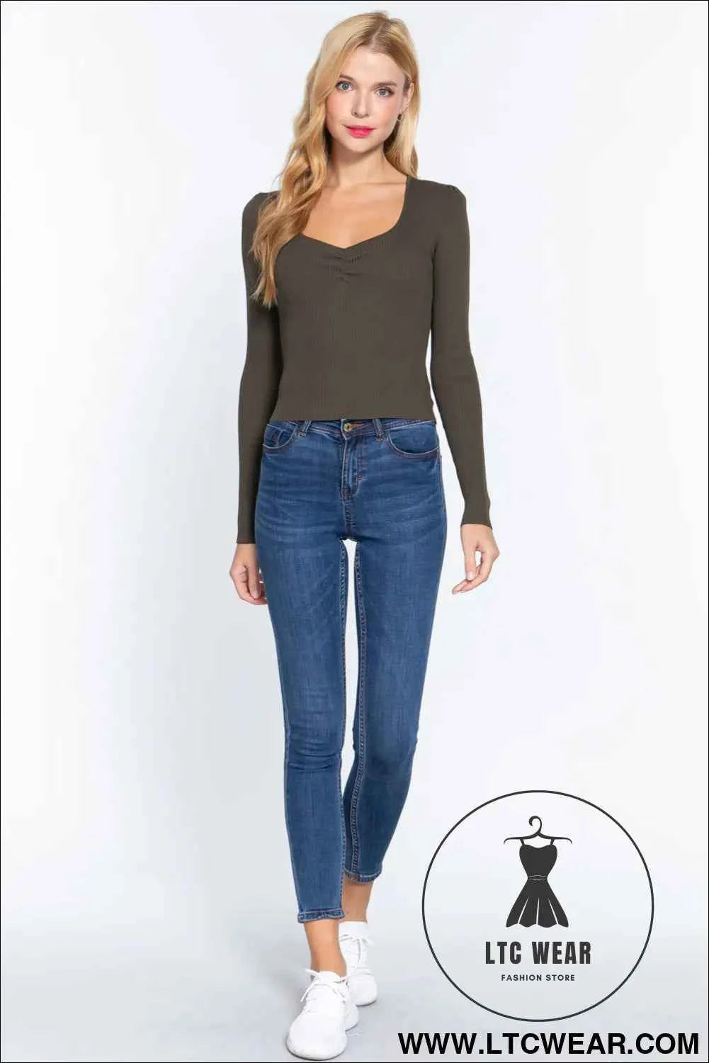 Shirring Sweatheart Neck Sweater