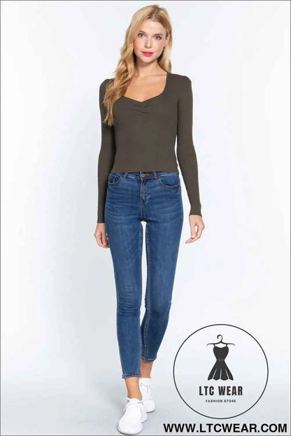 Shirring Sweatheart Neck Sweater