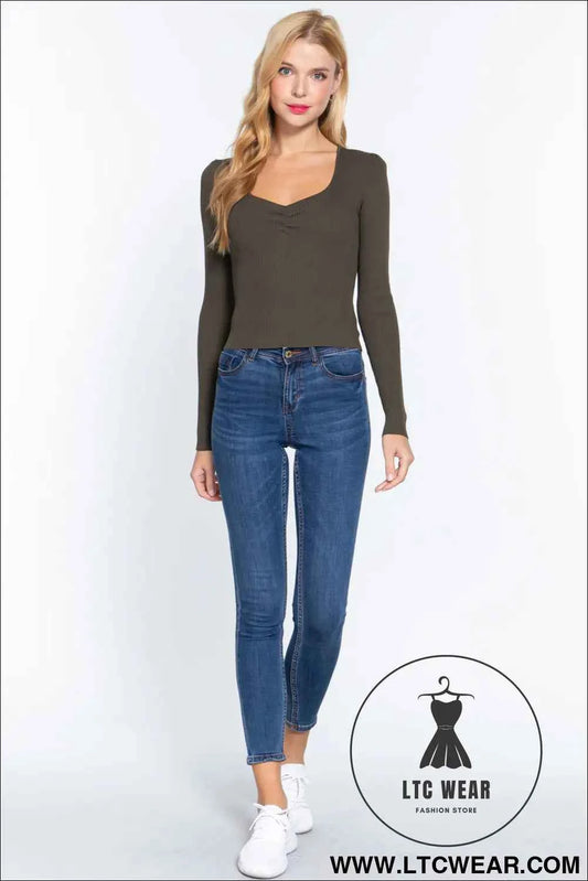 Shirring Sweatheart Neck Sweater