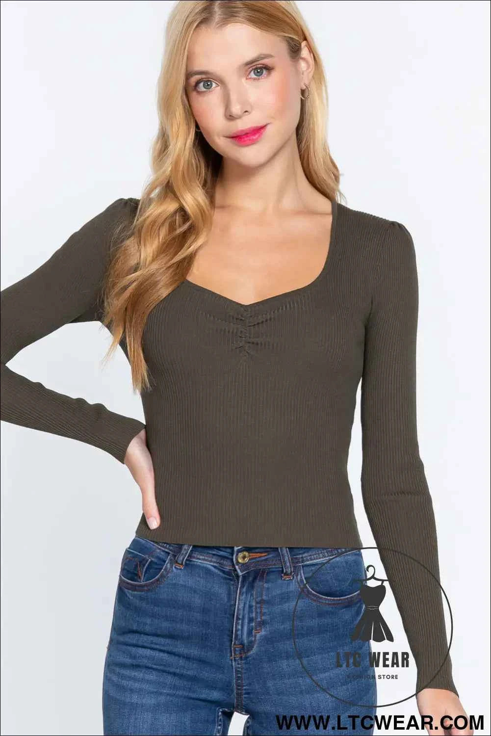 Shirring Sweatheart Neck Sweater