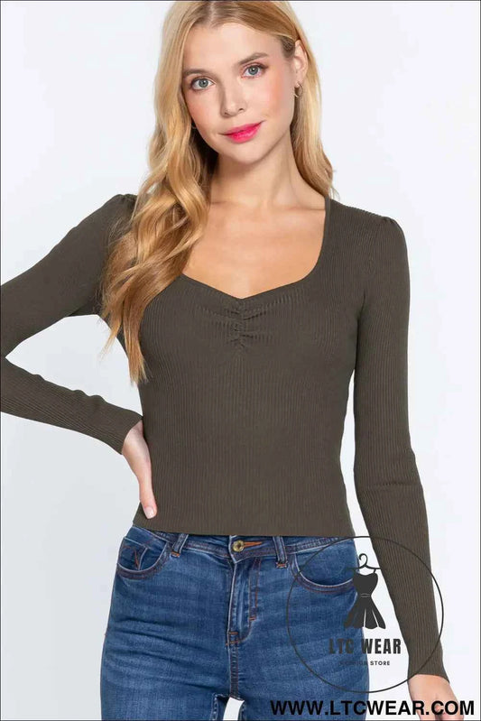 Shirring Sweatheart Neck Sweater