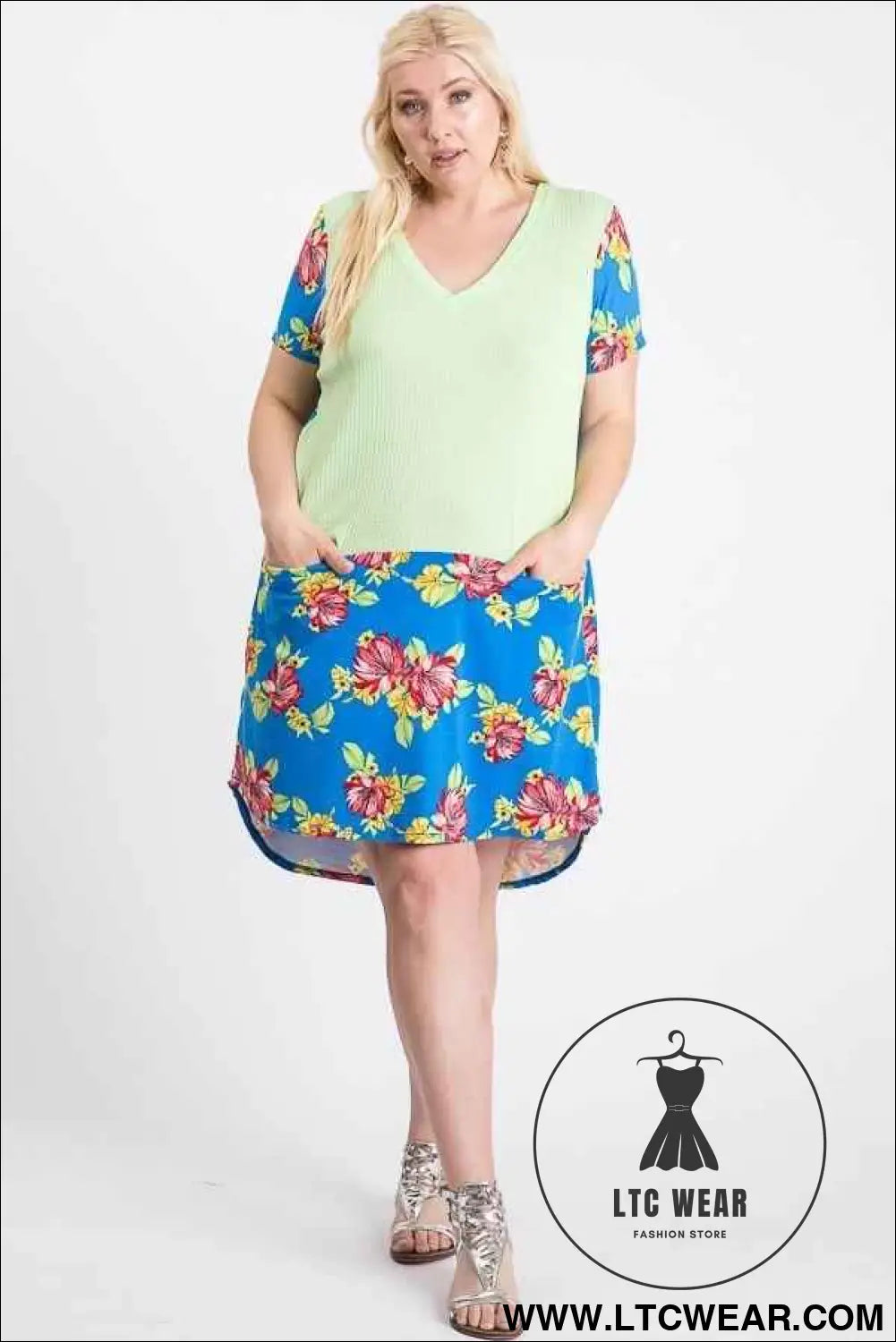 Short Sleeve Floral Blocked Midi Dress With Front Pocket