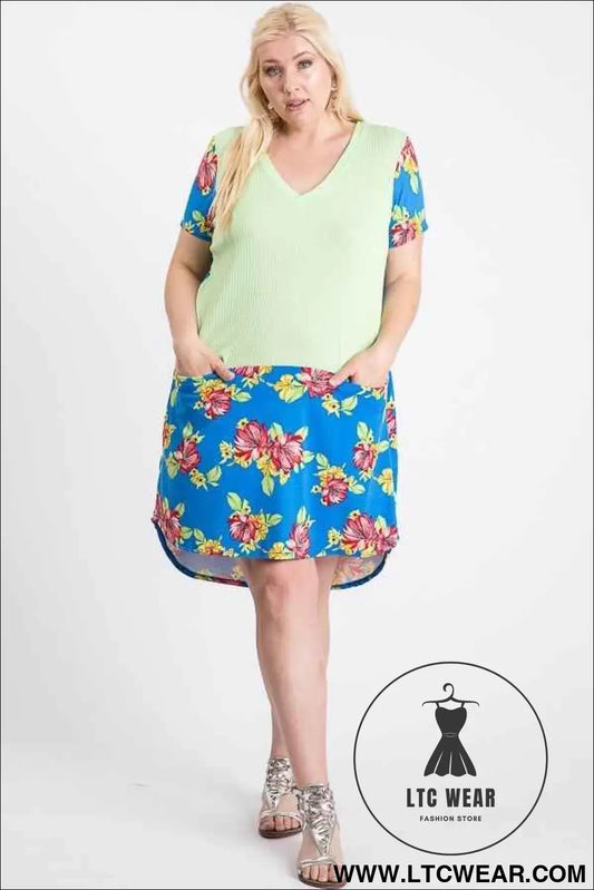 Short Sleeve Floral Blocked Midi Dress With Front Pocket