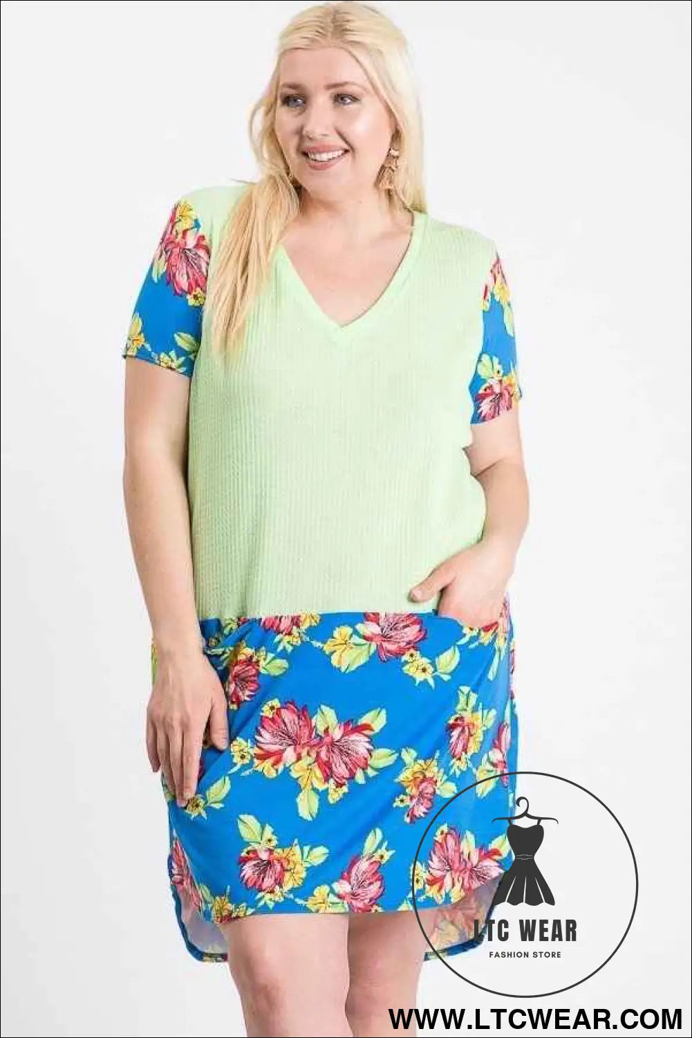 Short Sleeve Floral Blocked Midi Dress With Front Pocket