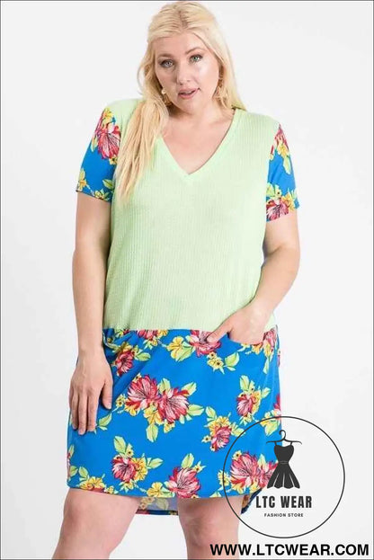 Short Sleeve Floral Blocked Midi Dress With Front Pocket