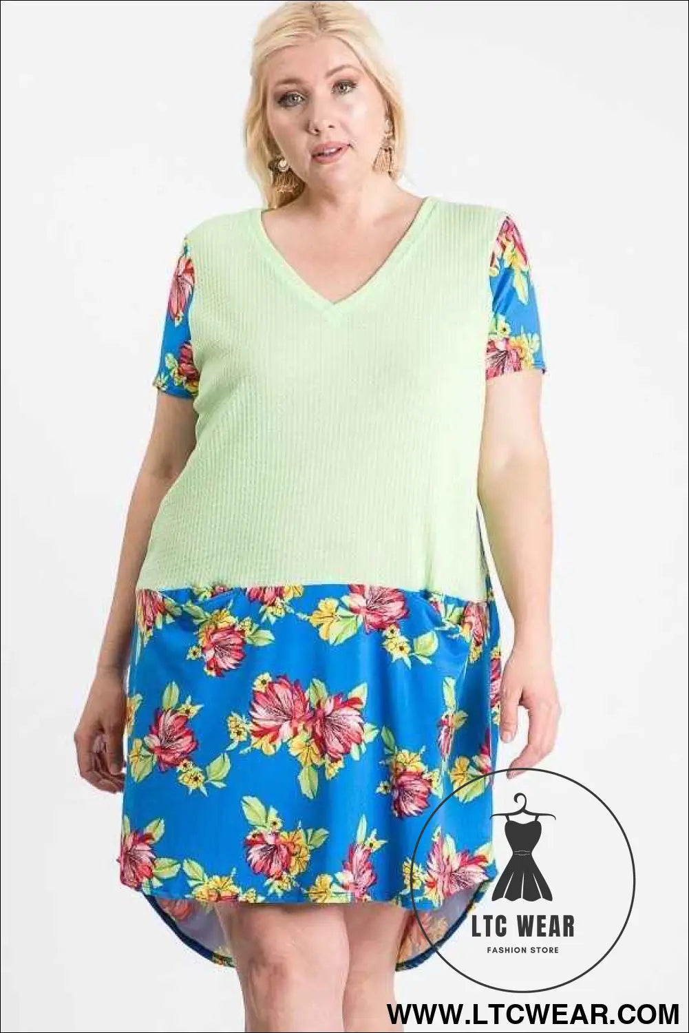 Short Sleeve Floral Blocked Midi Dress With Front Pocket
