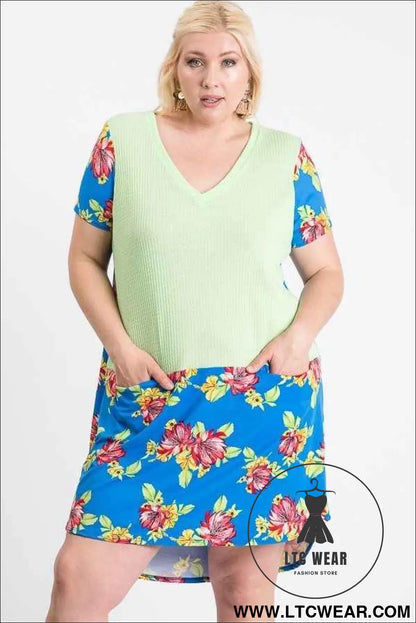 Short Sleeve Floral Blocked Midi Dress With Front Pocket