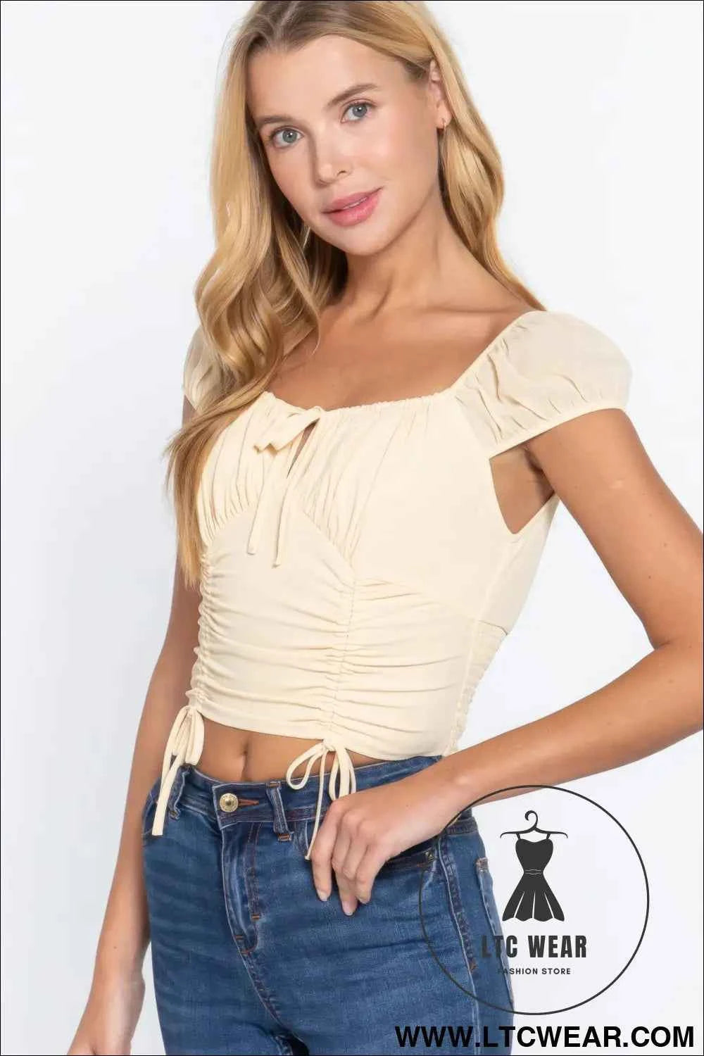 Short Sleeve Front Tie Ruched Detail Woven Top