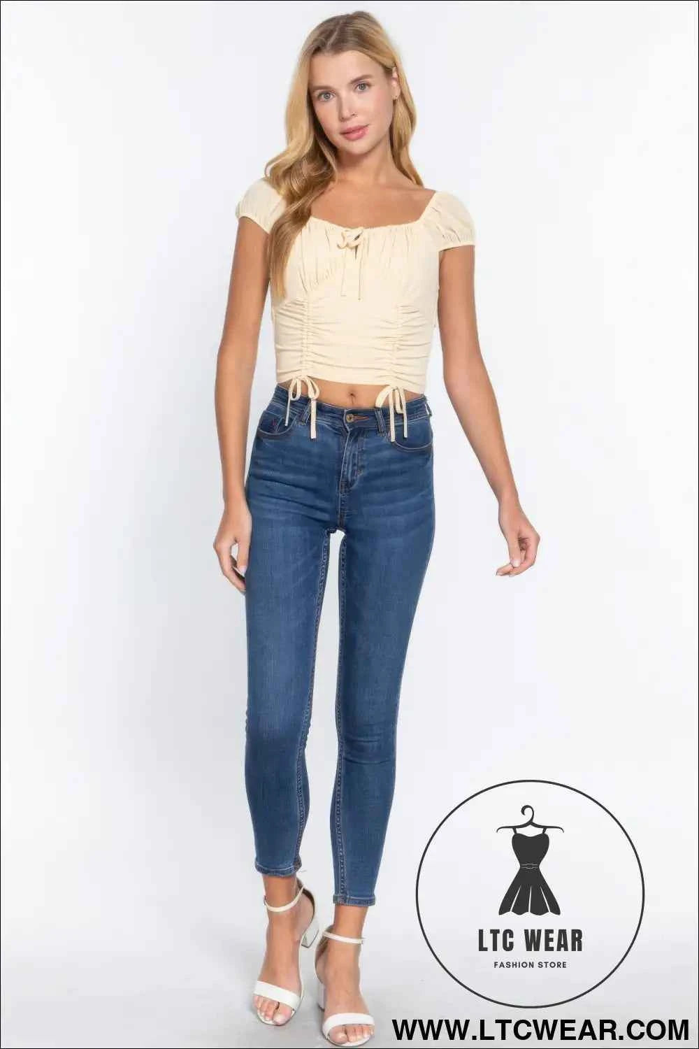 Short Sleeve Front Tie Ruched Detail Woven Top
