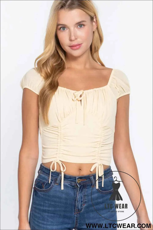 Short Sleeve Front Tie Ruched Detail Woven Top