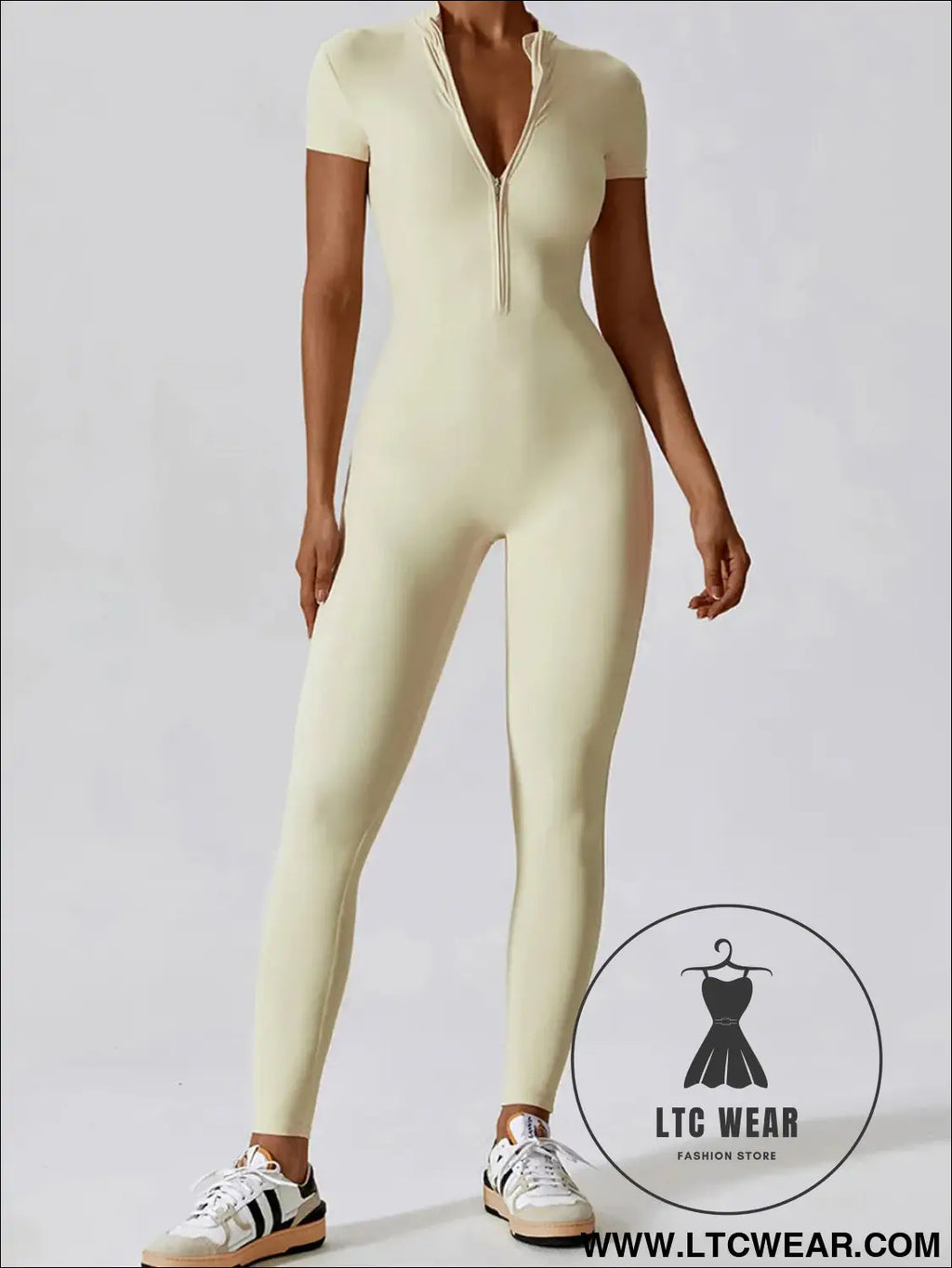Short sleeve half zip active jumpsuit - light yellow / s