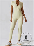 Short sleeve half zip active jumpsuit - light yellow / s