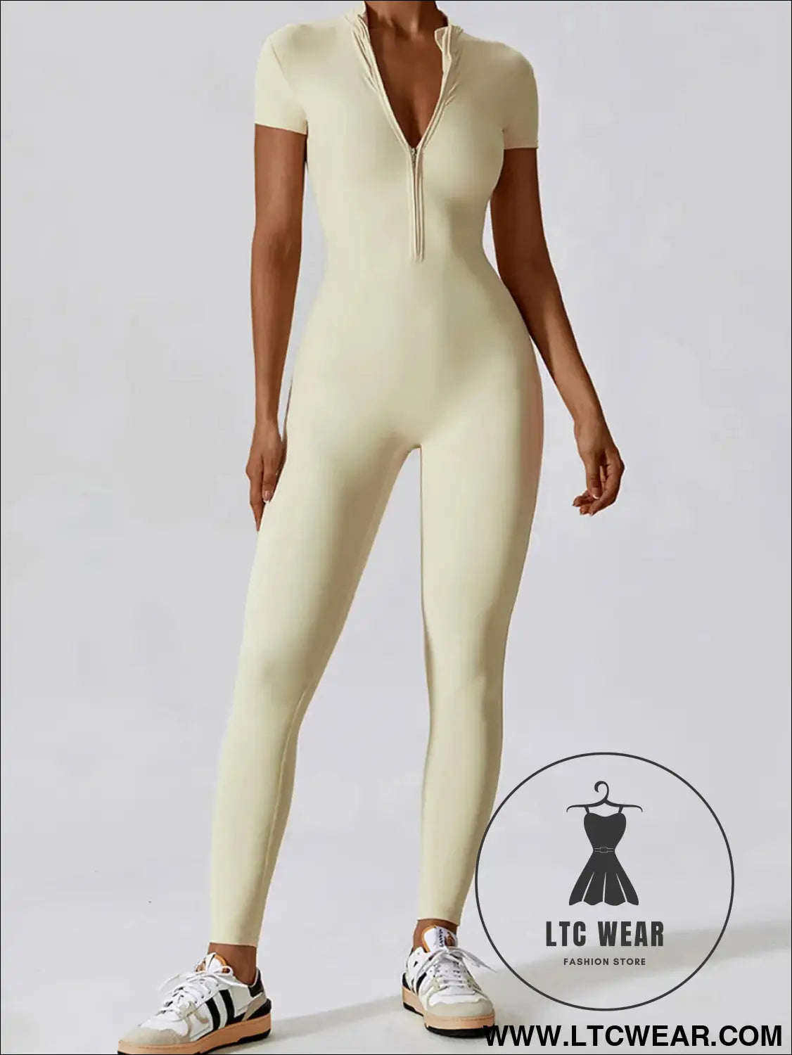 Short sleeve half zip active jumpsuit - light yellow / s