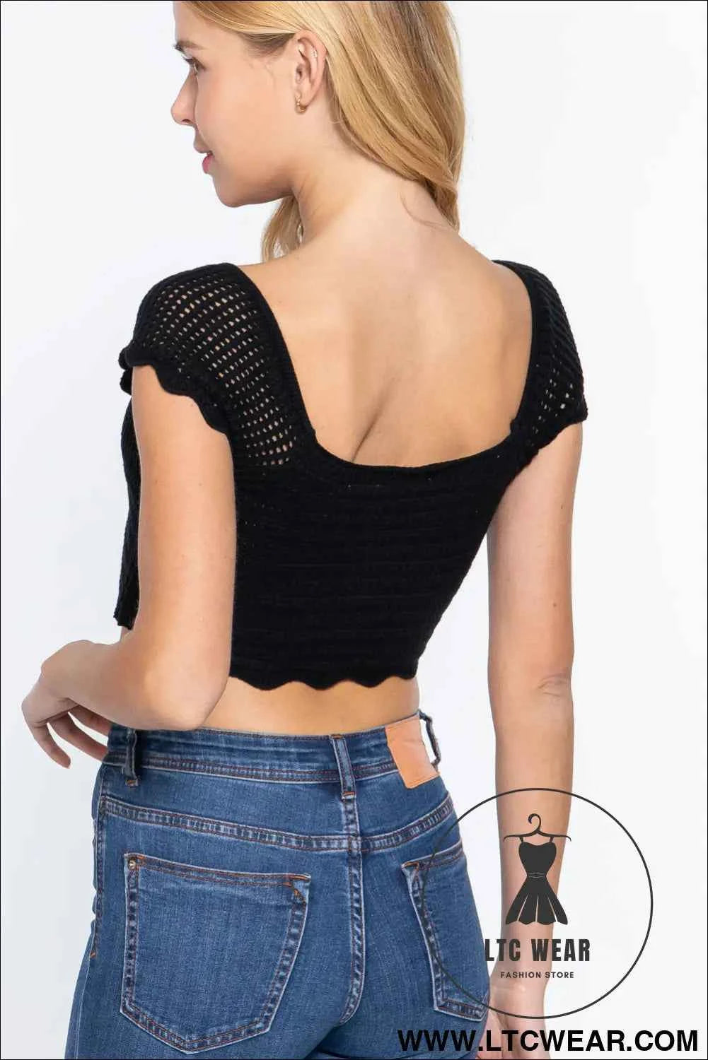 Short Sleeve V-neck Front Knot Detail Sweater Knit Crop Top