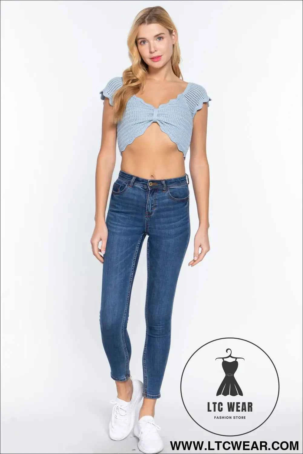 Short Sleeve V-neck Front Knot Detail Sweater Knit Crop Top