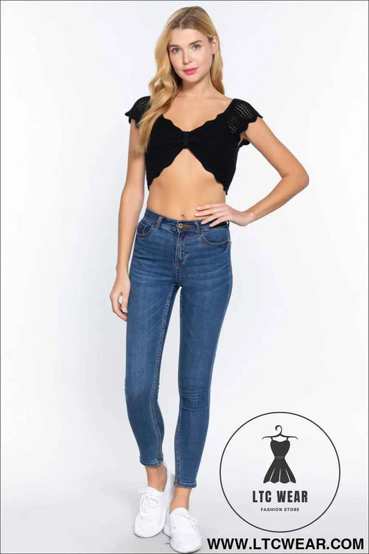 Short Sleeve V-neck Front Knot Detail Sweater Knit Crop Top