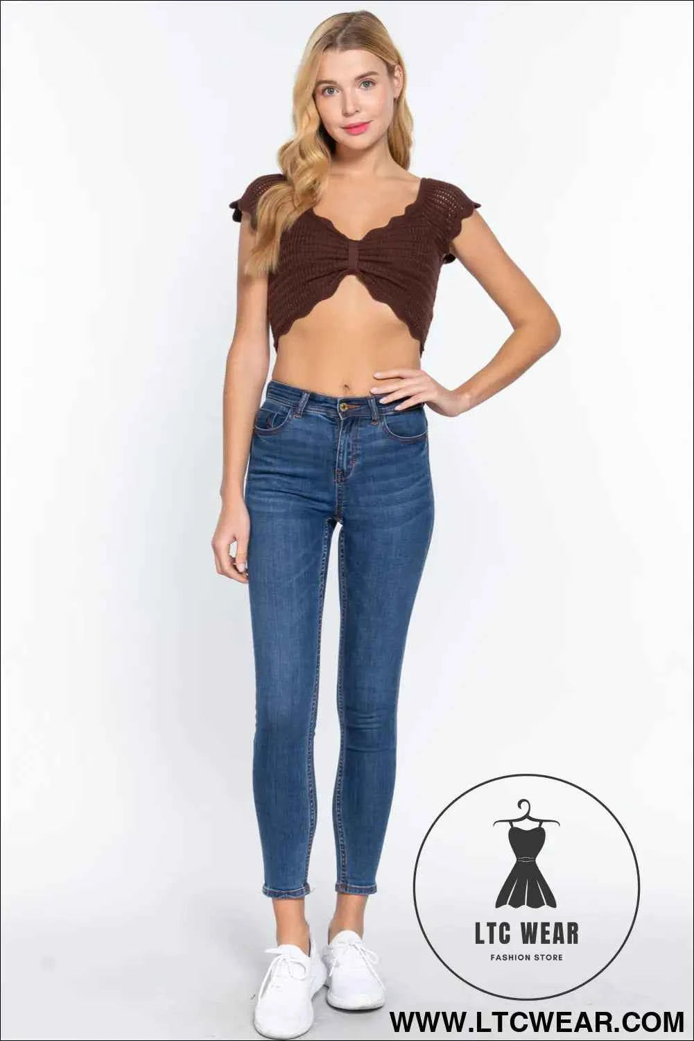 Short Sleeve V-neck Front Knot Detail Sweater Knit Crop Top