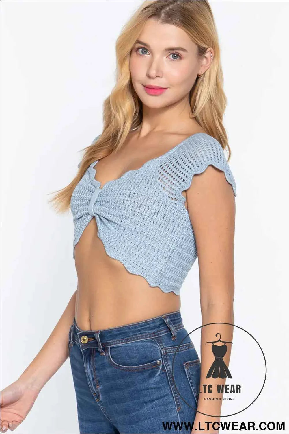 Short Sleeve V-neck Front Knot Detail Sweater Knit Crop Top