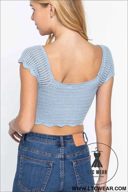 Short Sleeve V-neck Front Knot Detail Sweater Knit Crop Top