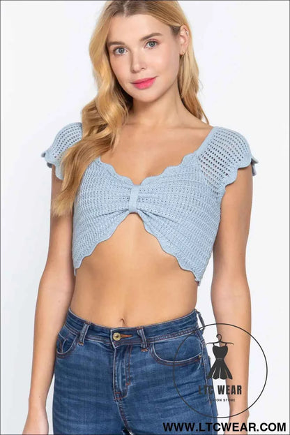 Short Sleeve V-neck Front Knot Detail Sweater Knit Crop Top