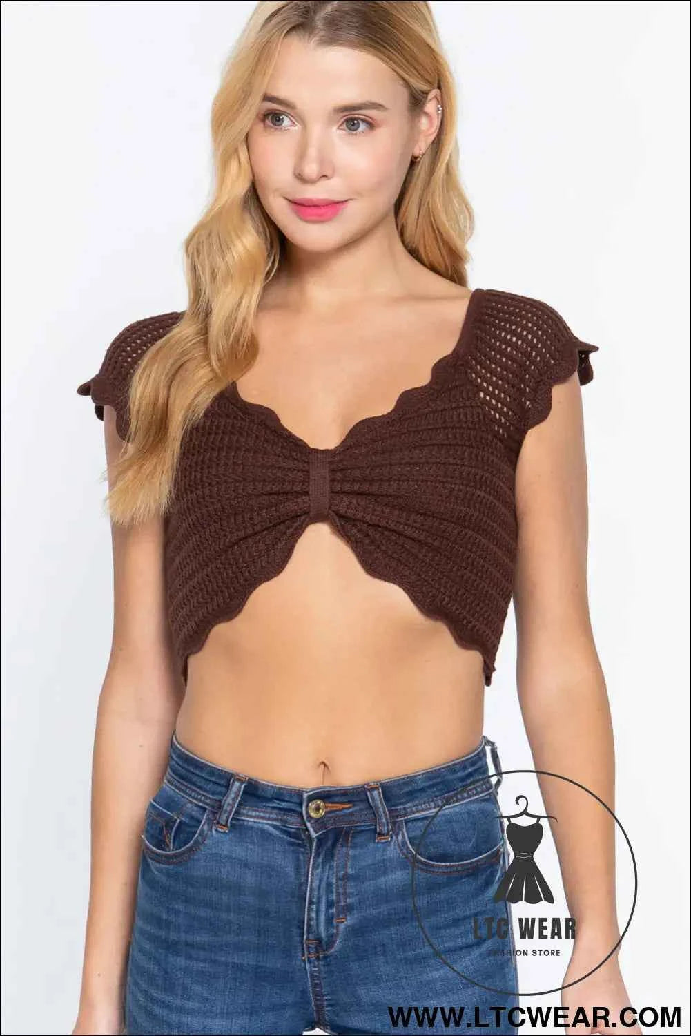 Short Sleeve V-neck Front Knot Detail Sweater Knit Crop Top