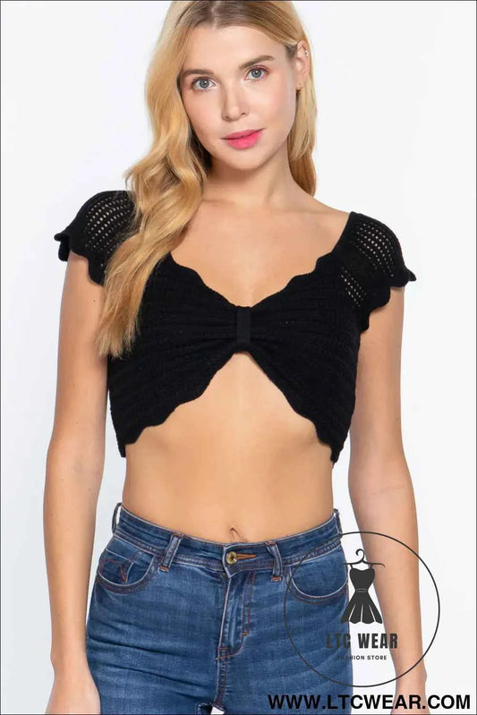 Short Sleeve V-neck Front Knot Detail Sweater Knit Crop Top
