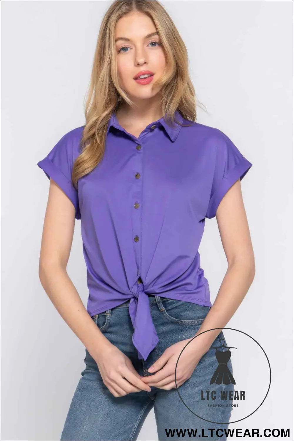 Short Slv Front Tie Stretch Ity  Top