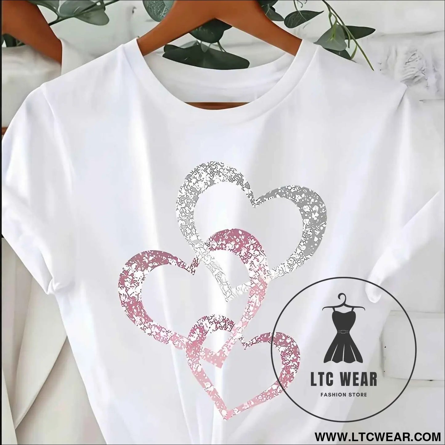 Silvery Pink Heart Rhinestone Tee Casual SpringSummer Style