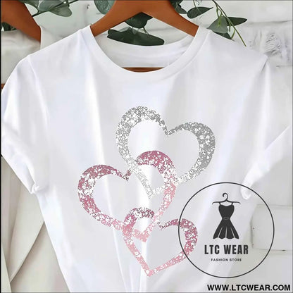 Silvery Pink Heart Rhinestone Tee Casual SpringSummer Style