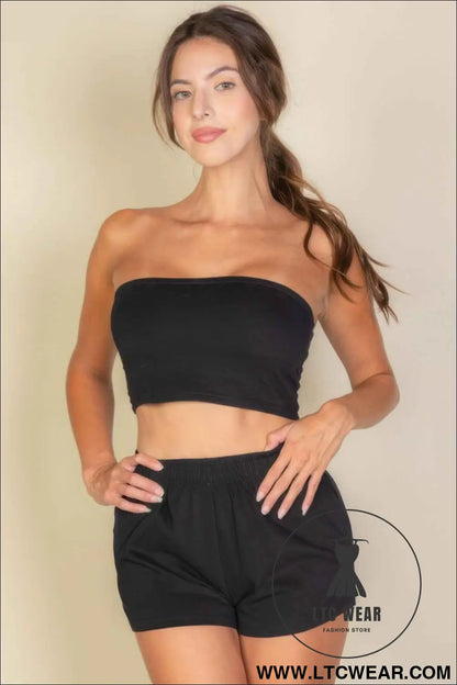 Simple Solid Color Tube Top And Shorts Two Piece Set