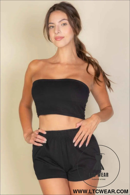 Simple Solid Color Tube Top And Shorts Two Piece Set