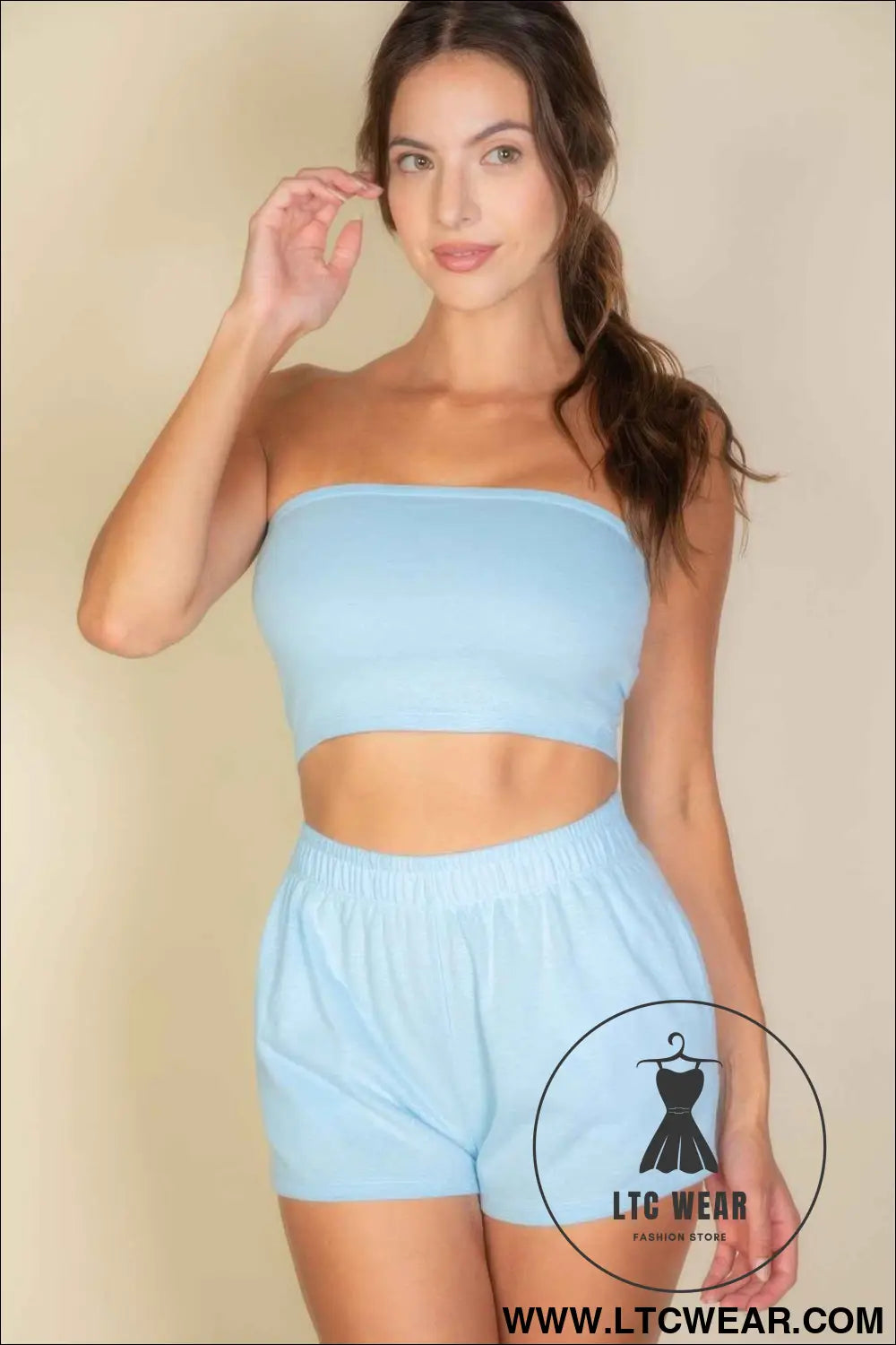 Simple Solid Color Tube Top And Shorts Two Piece Set