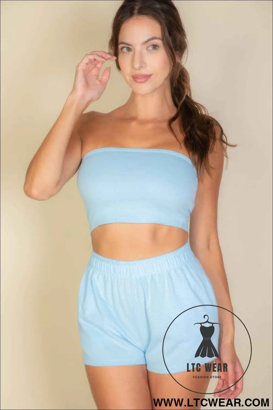 Simple Solid Color Tube Top And Shorts Two Piece Set