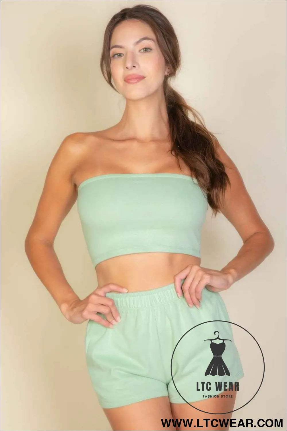 Simple Solid Color Tube Top And Shorts Two Piece Set