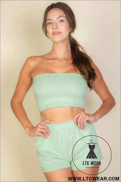 Simple Solid Color Tube Top And Shorts Two Piece Set