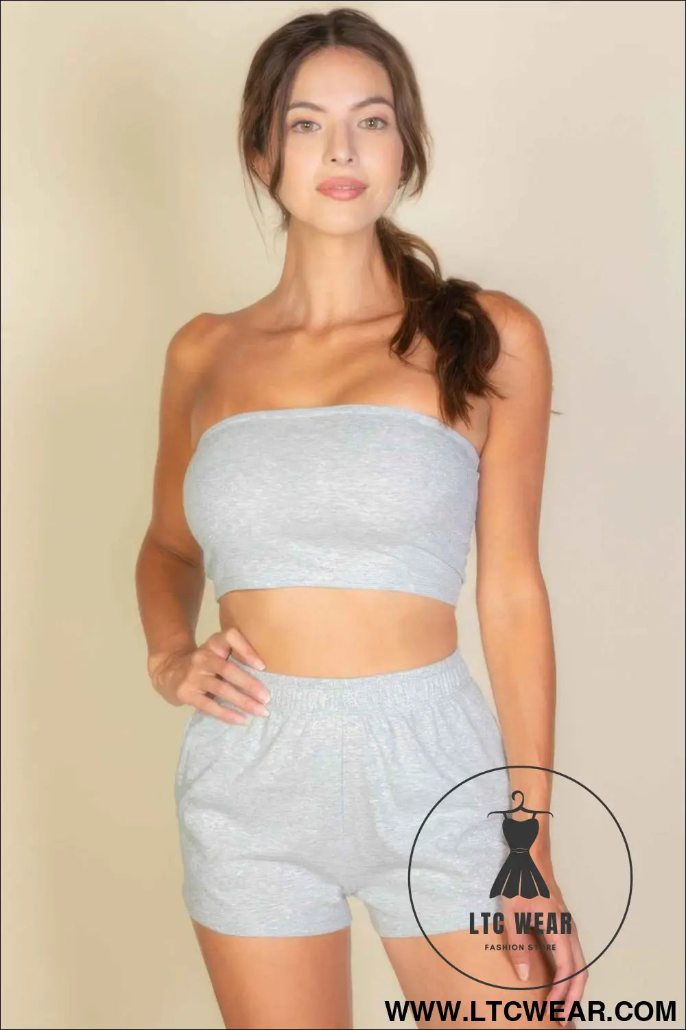 Simple Solid Color Tube Top And Shorts Two Piece Set