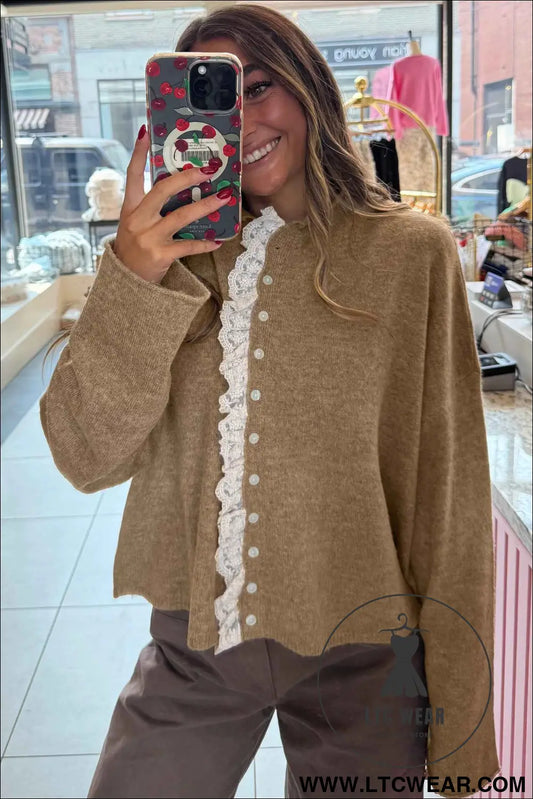 Simply Taupe Contrast Frilled Lace Trim Loose Cardigan Sweater