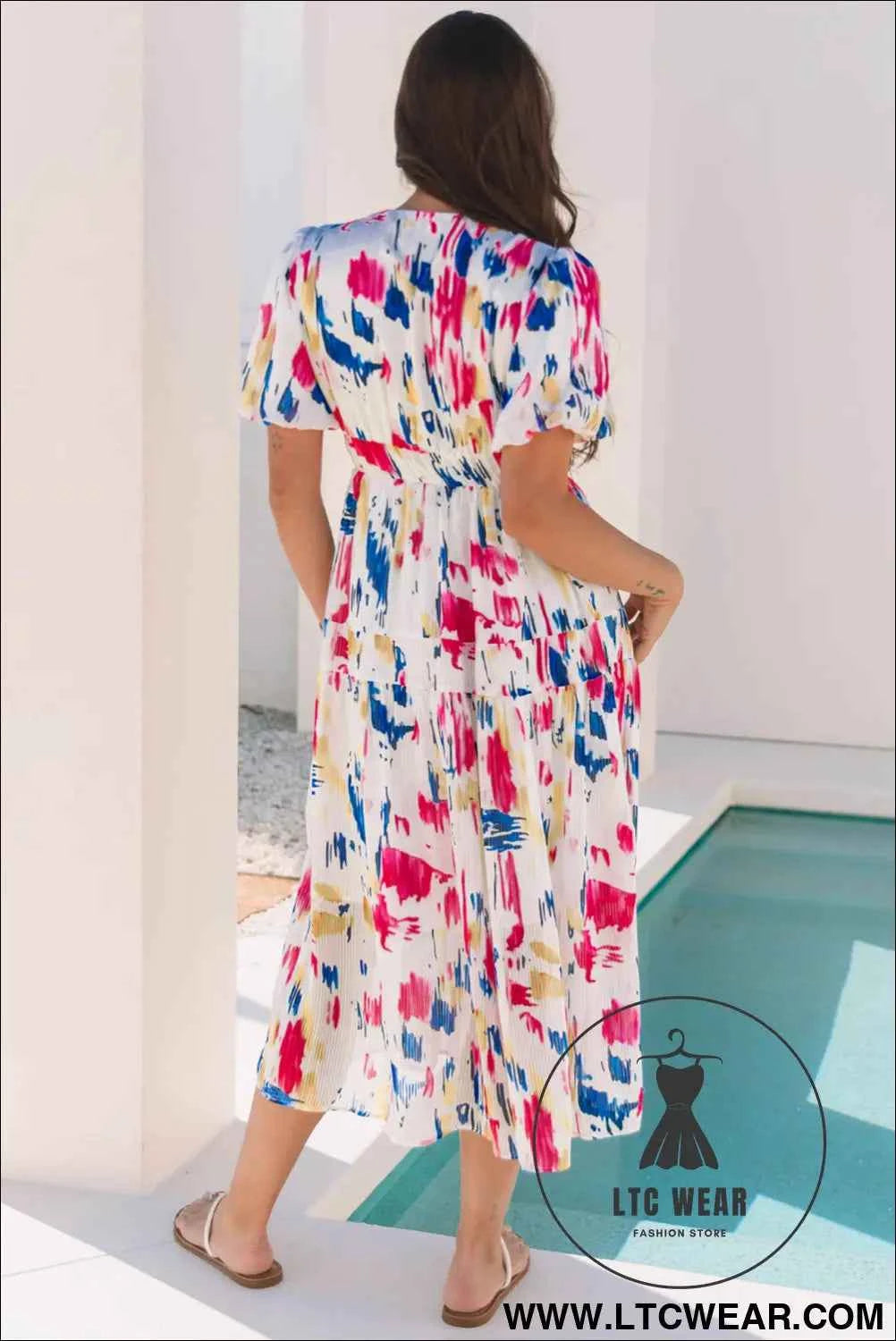 Sky Blue Abstract Print Short Puff Sleeve Tiered Maxi Dress