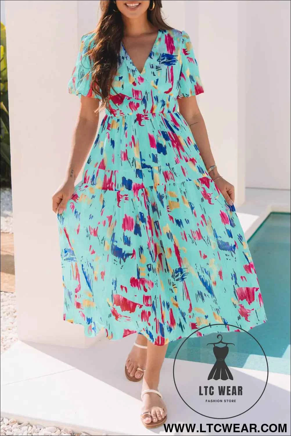 Sky Blue Abstract Print Short Puff Sleeve Tiered Maxi Dress