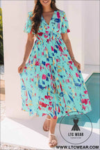 Sky Blue Abstract Print Short Puff Sleeve Tiered Maxi Dress