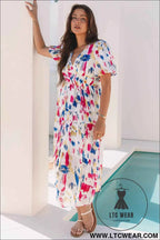 Sky Blue Abstract Print Short Puff Sleeve Tiered Maxi Dress