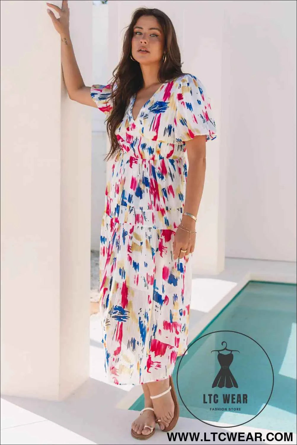 Sky Blue Abstract Print Short Puff Sleeve Tiered Maxi Dress