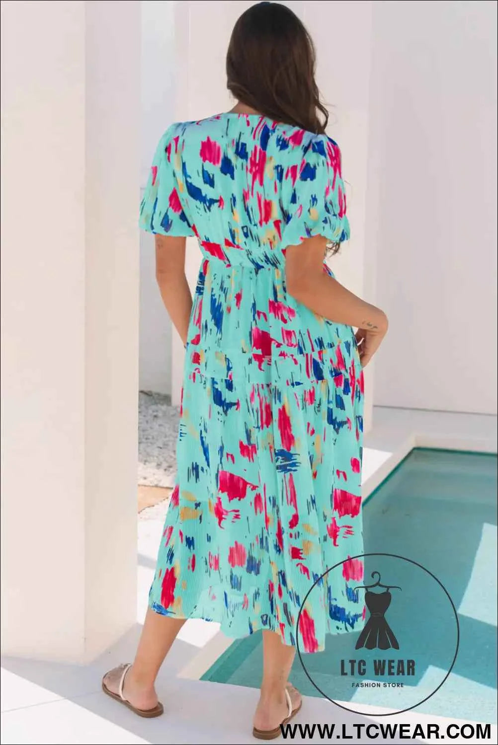 Sky Blue Abstract Print Short Puff Sleeve Tiered Maxi Dress