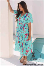 Sky Blue Abstract Print Short Puff Sleeve Tiered Maxi Dress
