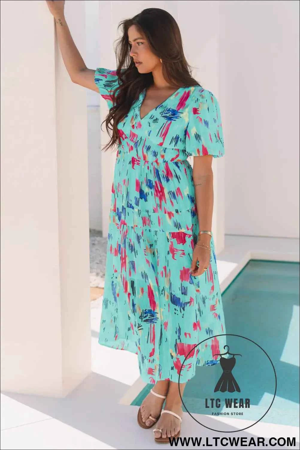 Sky Blue Abstract Print Short Puff Sleeve Tiered Maxi Dress