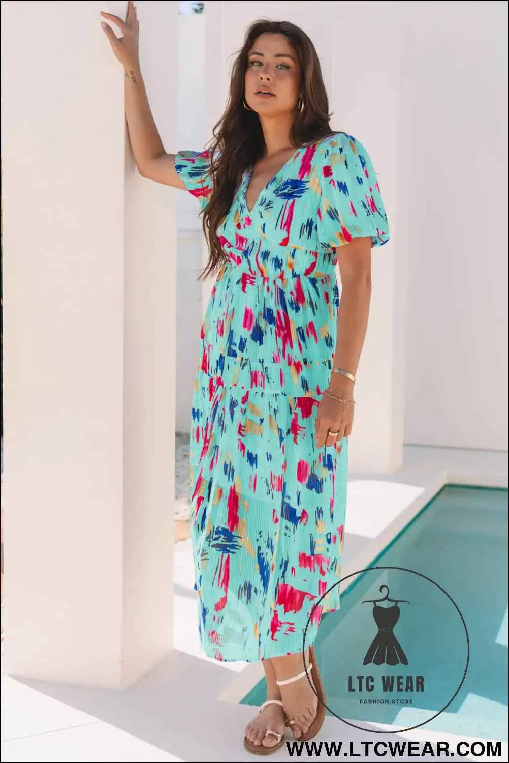 Sky Blue Abstract Print Short Puff Sleeve Tiered Maxi Dress