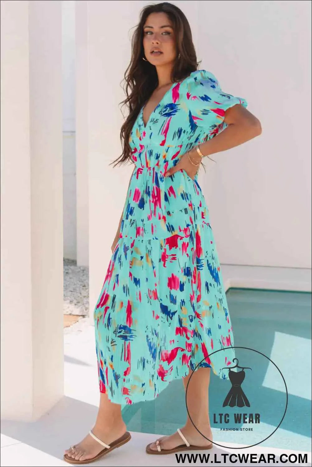 Sky Blue Abstract Print Short Puff Sleeve Tiered Maxi Dress